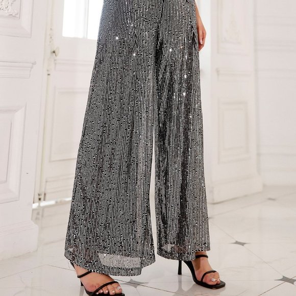 Black Preppy Womens High Waist Fold Pleated Detail Sequin Wide Leg Pants - Picture 3 of 6